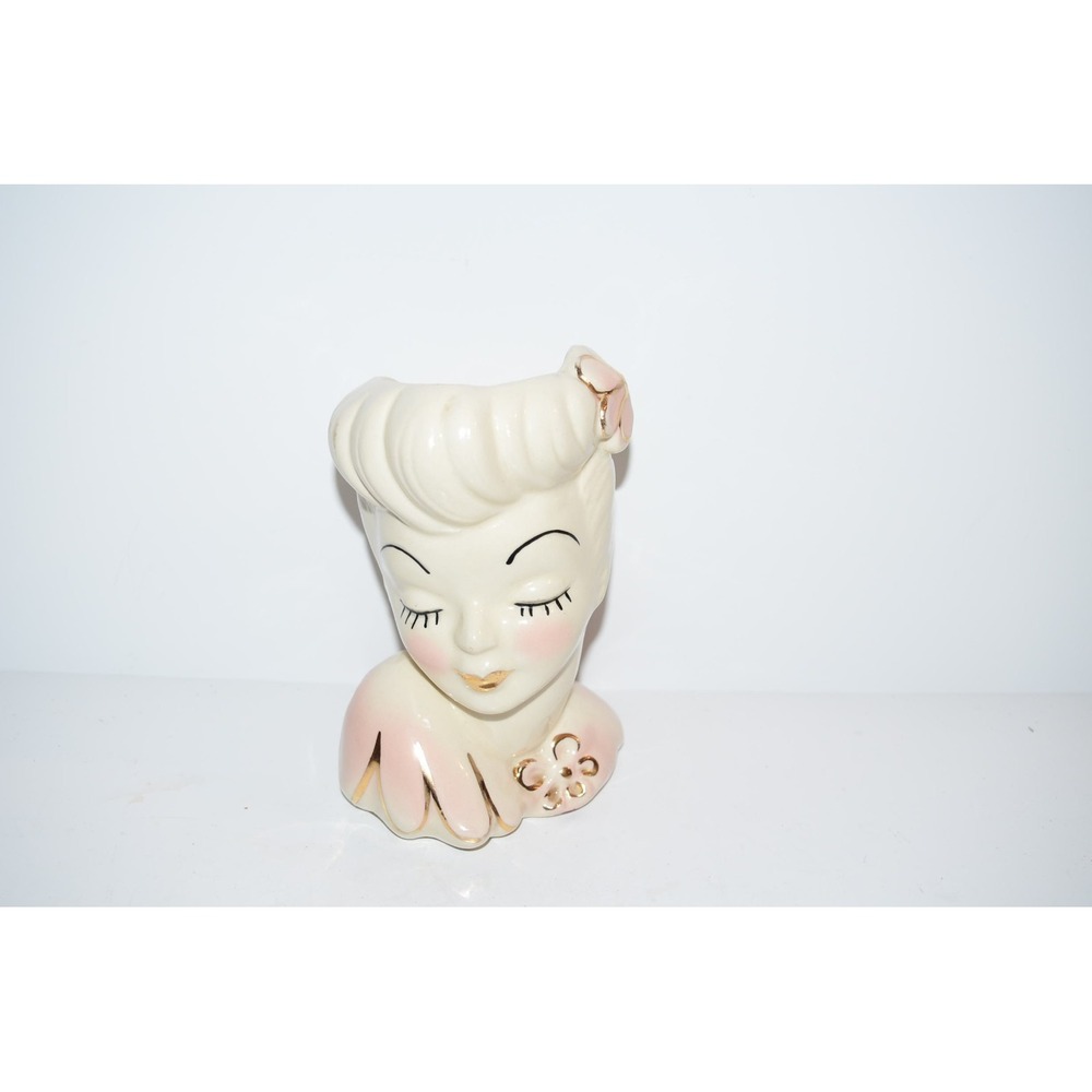 Vtg ivory with Pink gold Glamour Girl Lady head planter Art deco - Picture 11 of 12